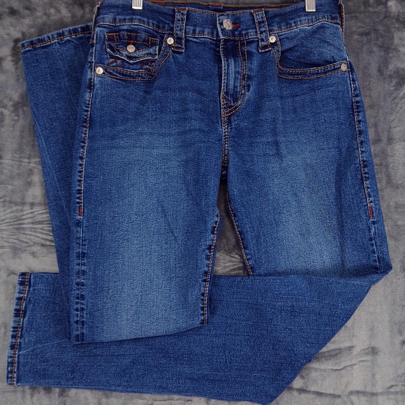 True Religion Jeans Mens 32x34 Red Stitch Flap Pockets Straight Leg World Tour